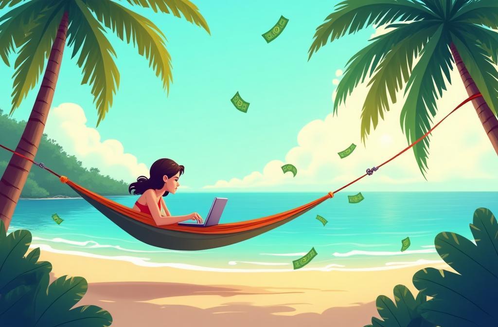 Imagen inspiradora de libertad financiera o crecimiento, como alguien trabajando desde un lugar agradable o un gráfico de crecimiento.